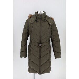 Cole Haan Women Size XL Green Faux Fur Hooded Belted Long Puffer Jacket Coat